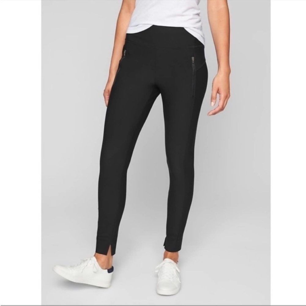 Athleta Pants Stellar Tight Black Side Zippers Stretch Knit Skinny Pant EUC